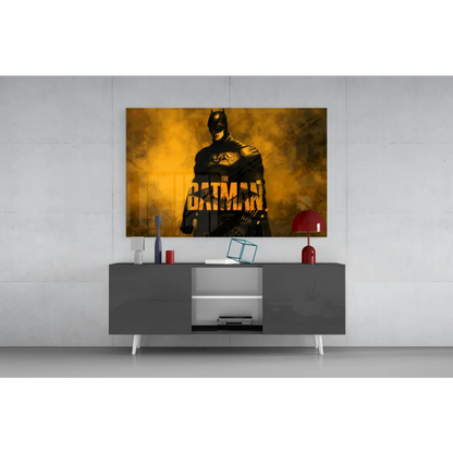 Golden yellow Batman canvas wall art on smoky backdrop