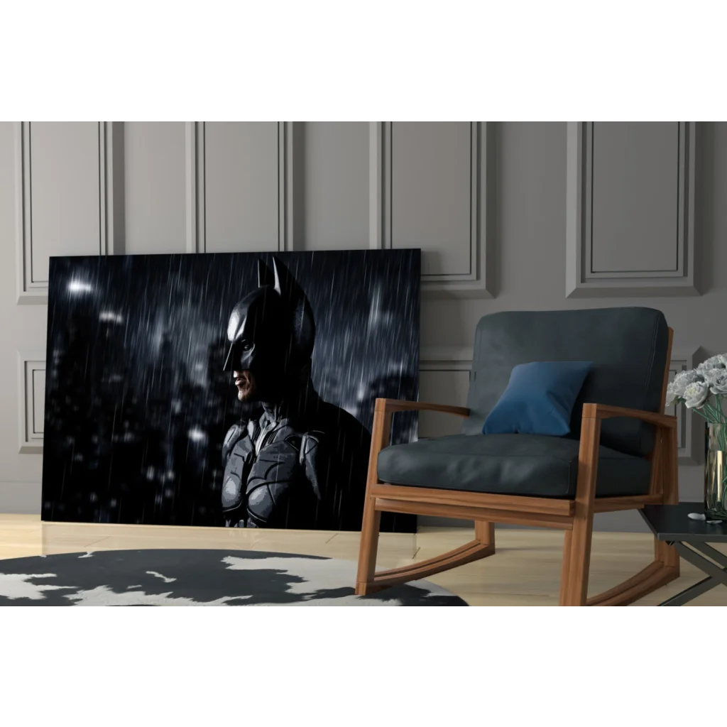 Black Batman in rain-soaked cityscape wall art canvas print