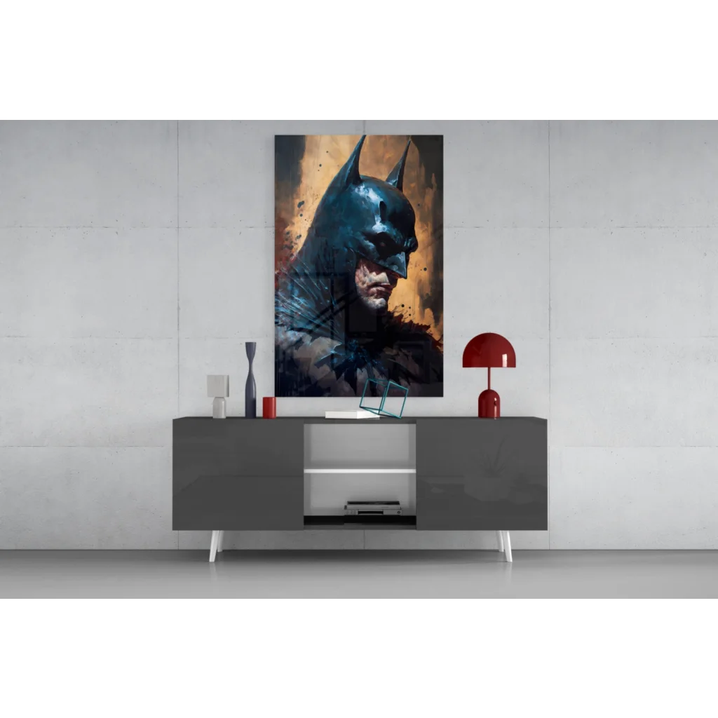Batman Dark Knight glass wall art poster with textured bat symbol