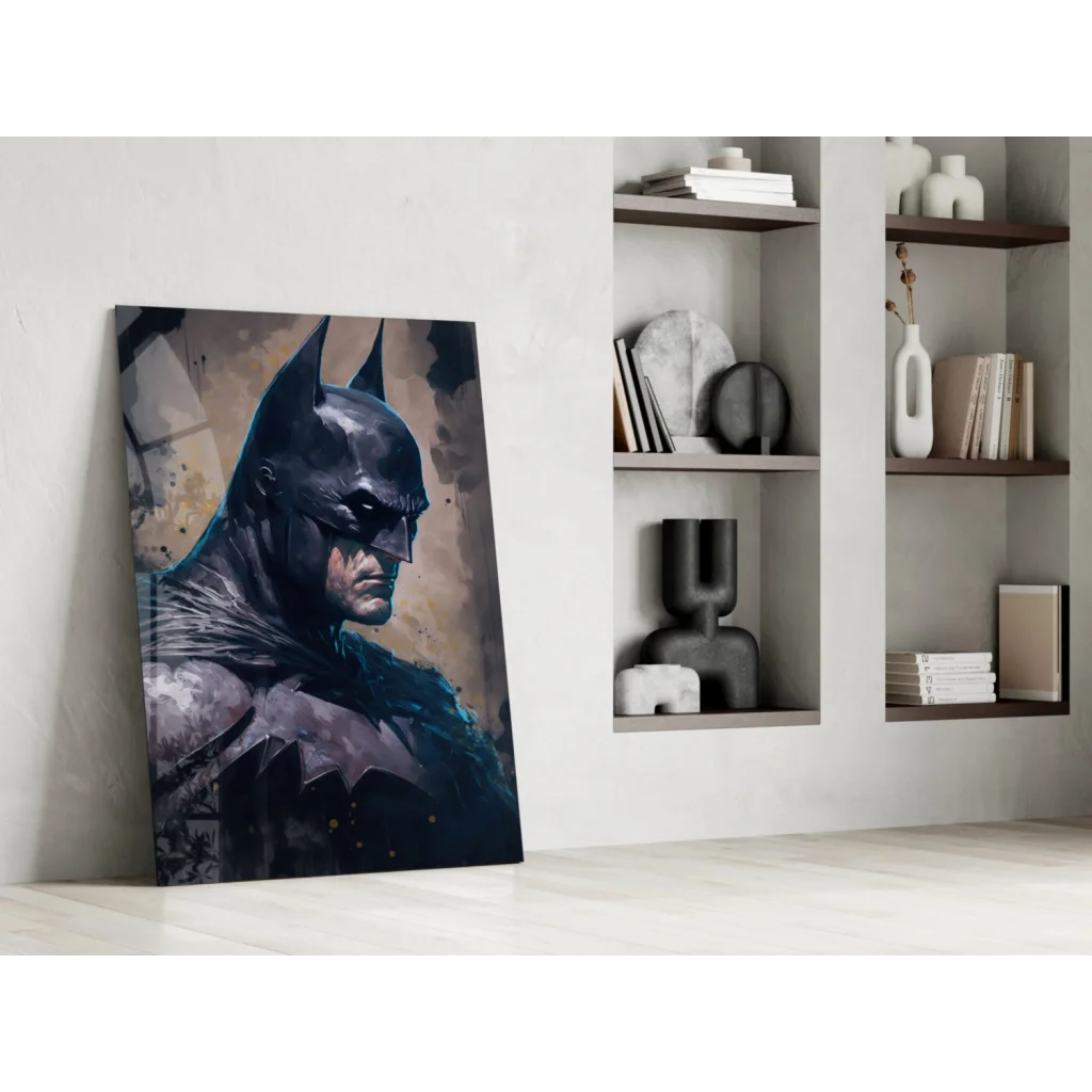 Batman glass wall art with dark blue textured design on white wall
