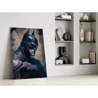 Batman glass wall art with dark blue textured design on white wall