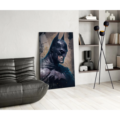Batman glass wall art with dark blue black textured watercolor design