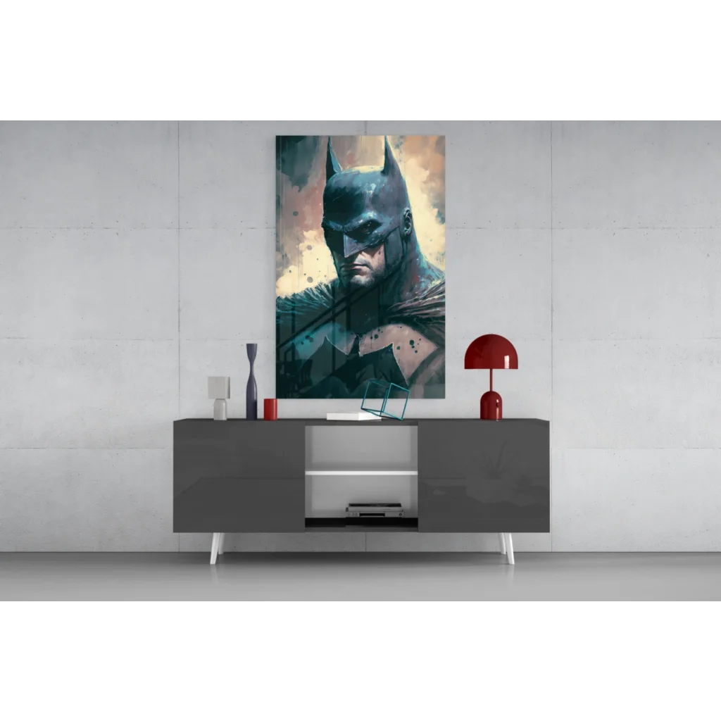 Batman glass wall art canvas with dark teal orange splatters