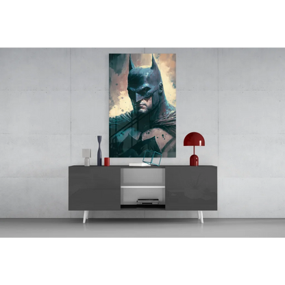 Batman glass wall art canvas with dark teal orange splatters