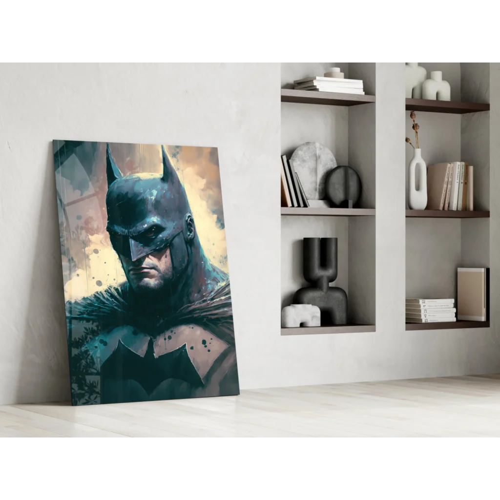 Batman glass wall art canvas with dark stylized portrait and splattered paint