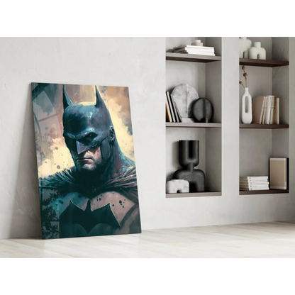 Batman glass wall art canvas with dark stylized portrait and splattered paint