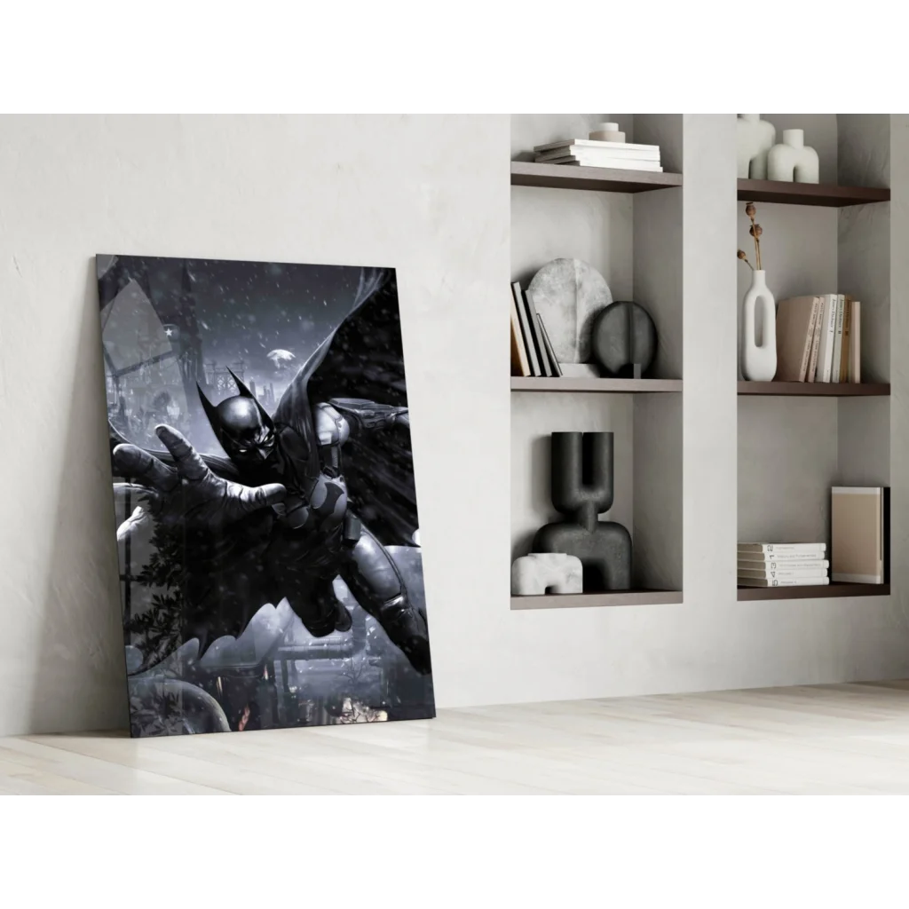 Batman in mid-flight on epic glass wall art with spread wings