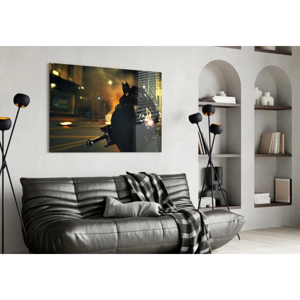 Dynamic black Batman motorcycle glass wall art on white wall