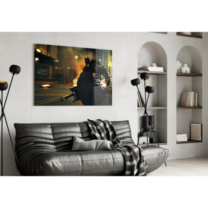 Dynamic black Batman motorcycle glass wall art on white wall
