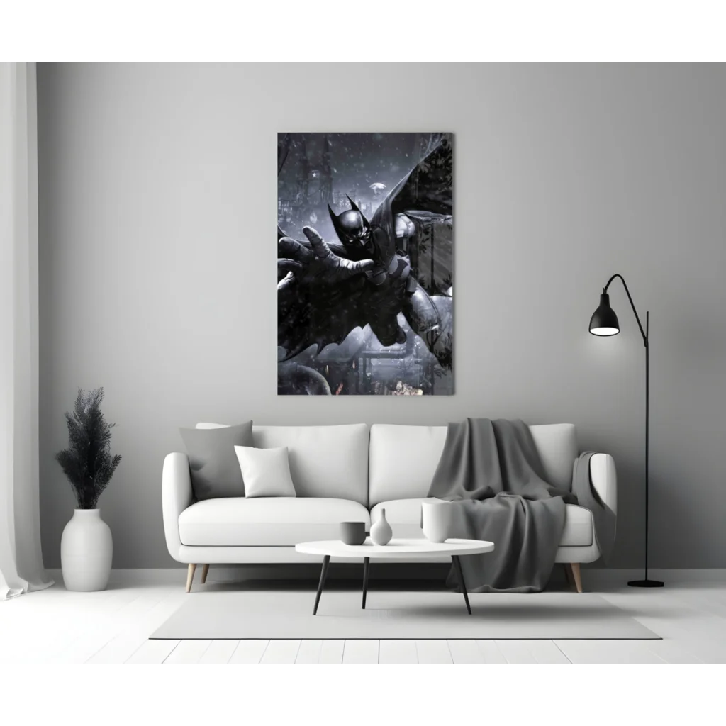 Epic Batman glass wall art poster of black gray figure on wall