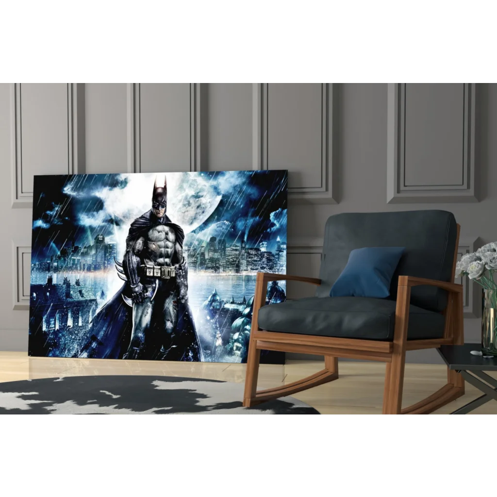 Batman Gotham Storm glass wall art canvas print with rainy cityscape