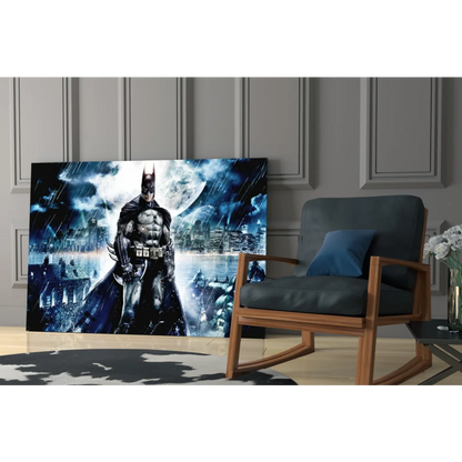 Batman Gotham Storm glass wall art canvas print with rainy cityscape