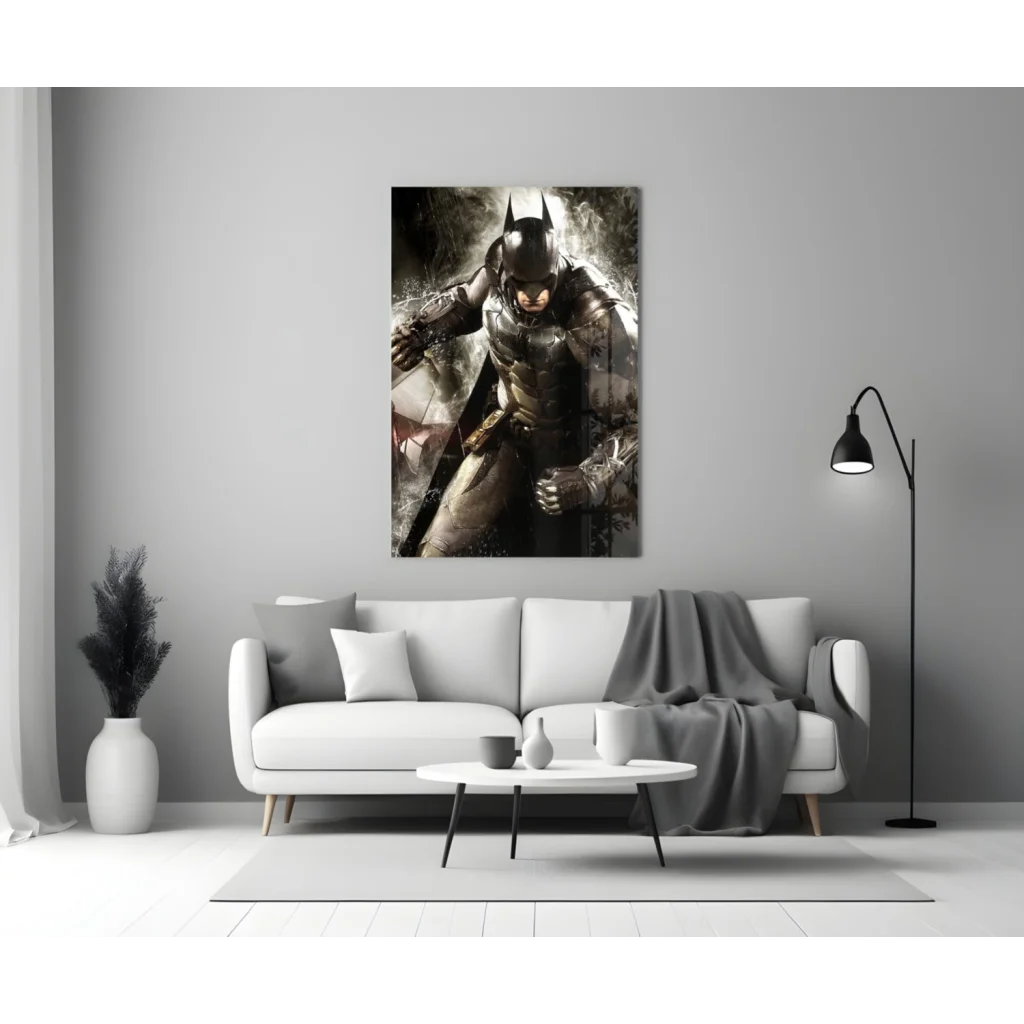 Batman armored glass wall art panel with black and gray figure poster