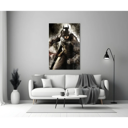Batman armored glass wall art panel with black and gray figure poster