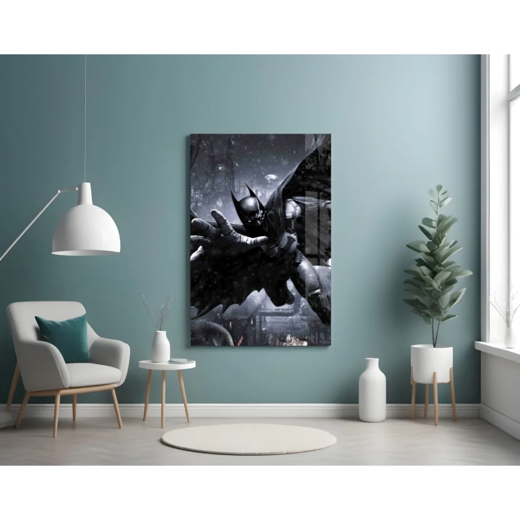 Epic Batman glass wall art with black gray figure mounted as framed poster