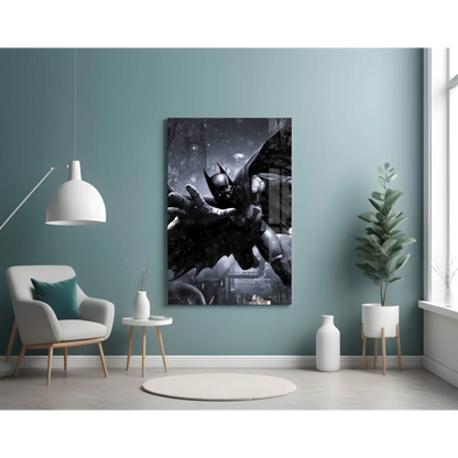 Epic Batman glass wall art with black gray figure mounted as framed poster