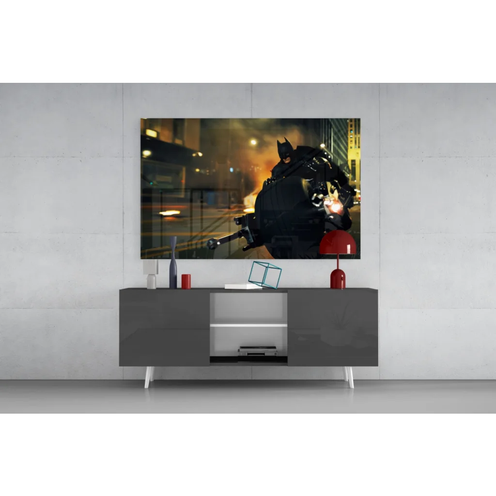 Black Batman action figure with glowing red eyes on glass wall art