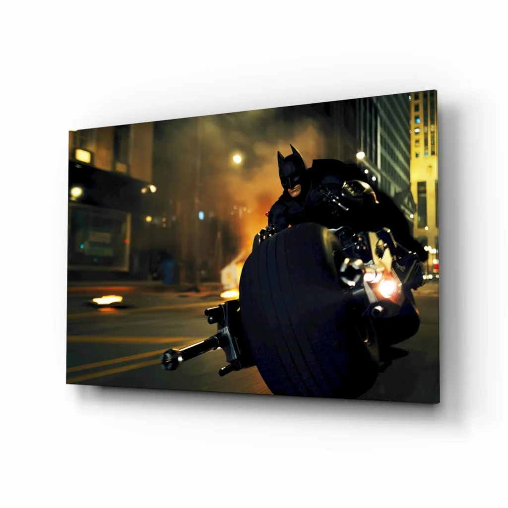 Black Batman on motorcycle in dynamic night action glass wall art