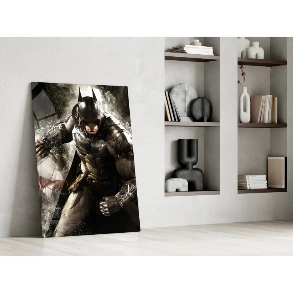 Dynamic black and gray Batman figure on stand, armored glass wall art panel