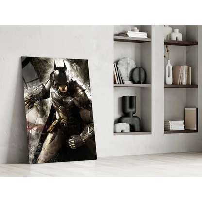 Dynamic black and gray Batman figure on stand, armored glass wall art panel