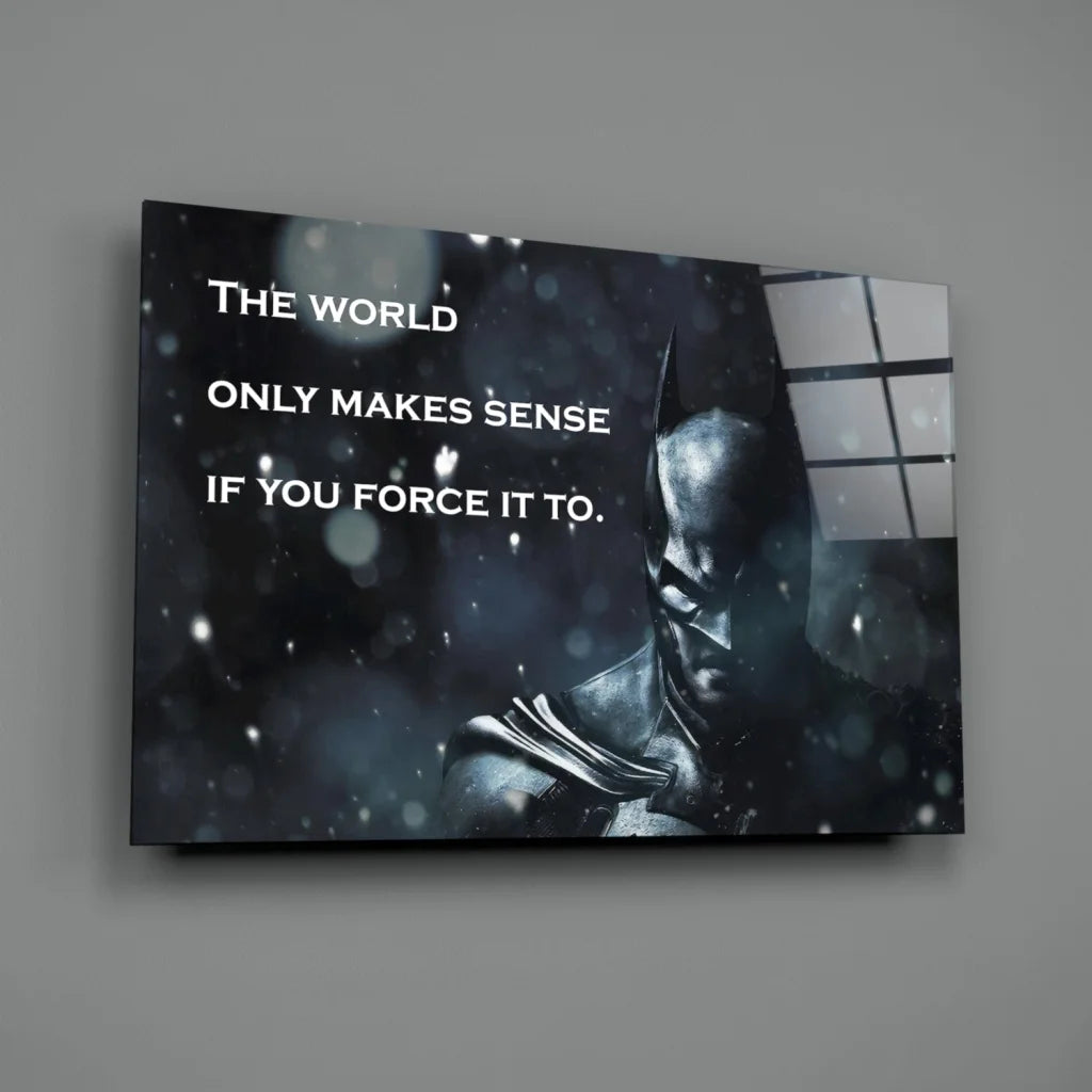 Black and gray Batman glass wall art canvas print with snowy quote