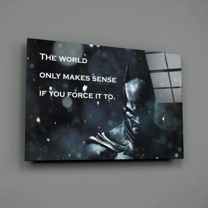 Black and gray Batman glass wall art canvas print with snowy quote