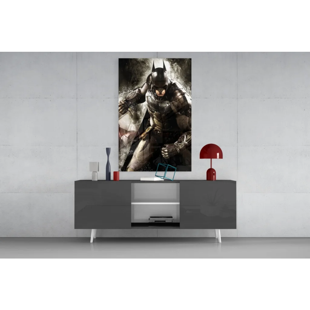 Black and gray Batman figure on glass wall art panel above console