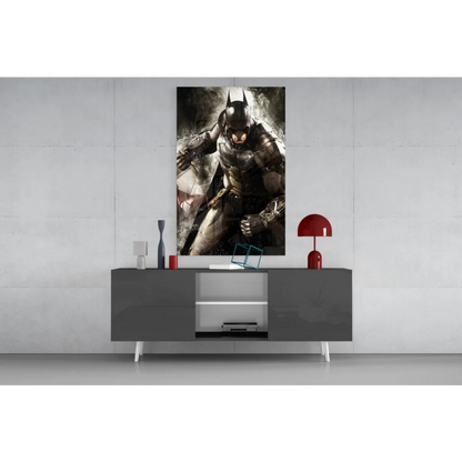 Black and gray Batman figure on glass wall art panel above console