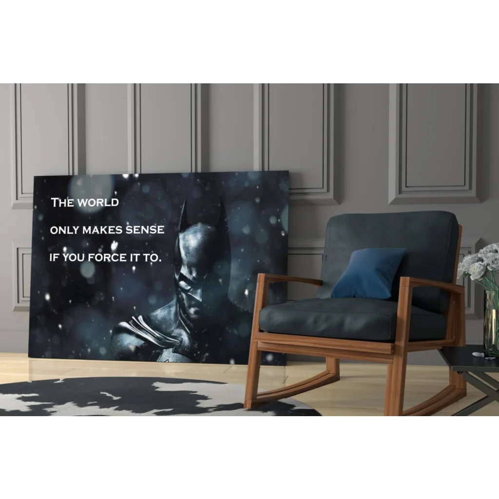 Black Batman glass wall art canvas print with snowy quote