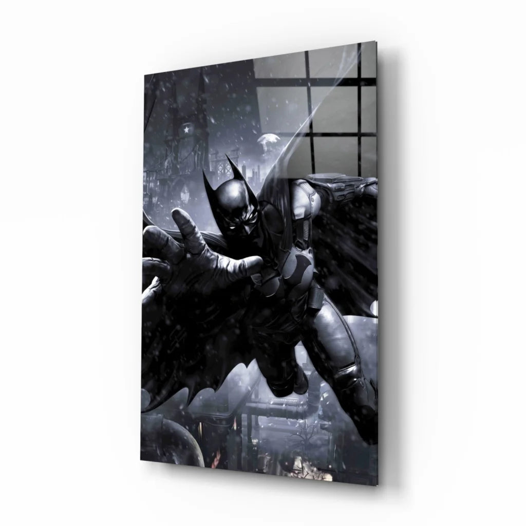 Dynamic Batman glass wall art with spread wings in epic pose