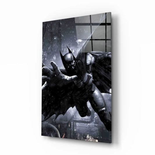 Dynamic Batman glass wall art with spread wings in epic pose