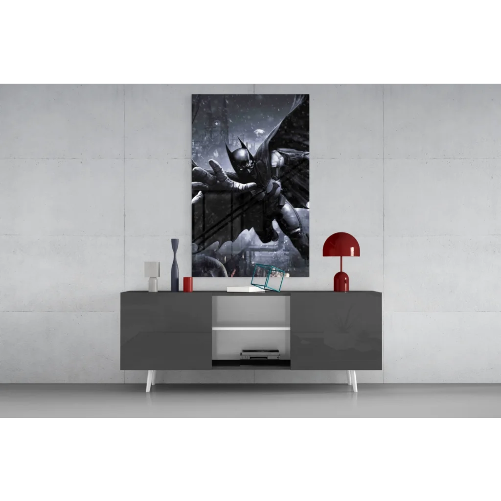 Batman glass wall art with spread wings above console
