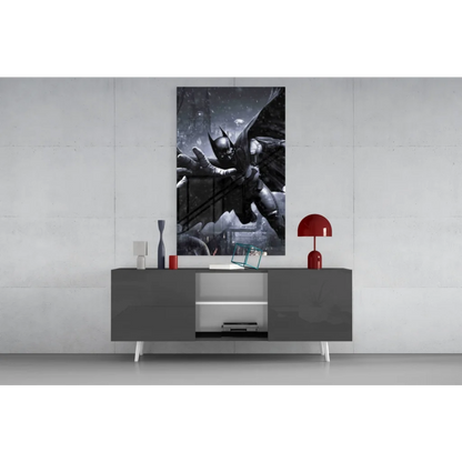 Batman glass wall art with spread wings above console