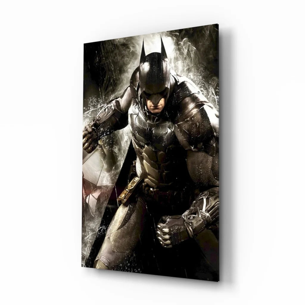 Black and gray armored Batman glass wall art in dynamic pose
