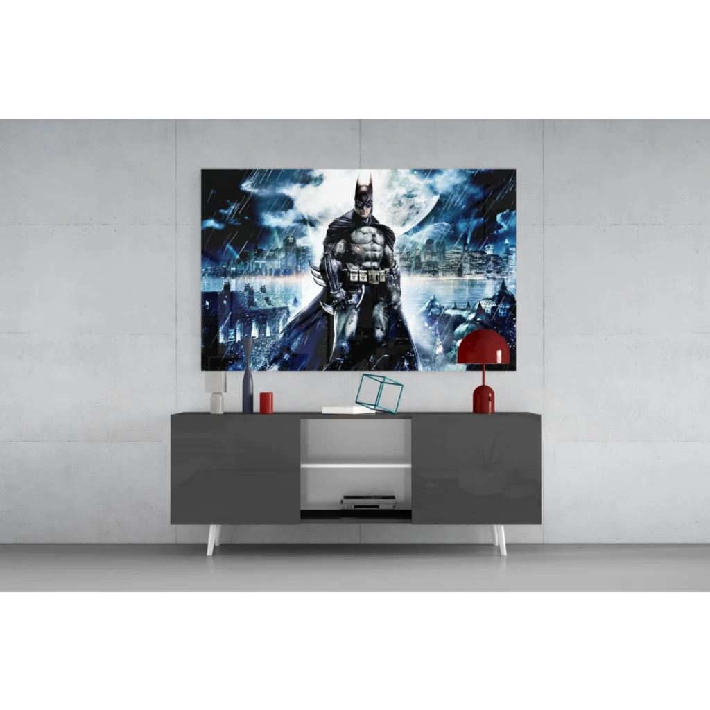 Batman in stormy Gotham glass wall art canvas print