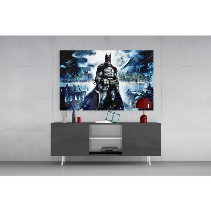 Batman in stormy Gotham glass wall art canvas print