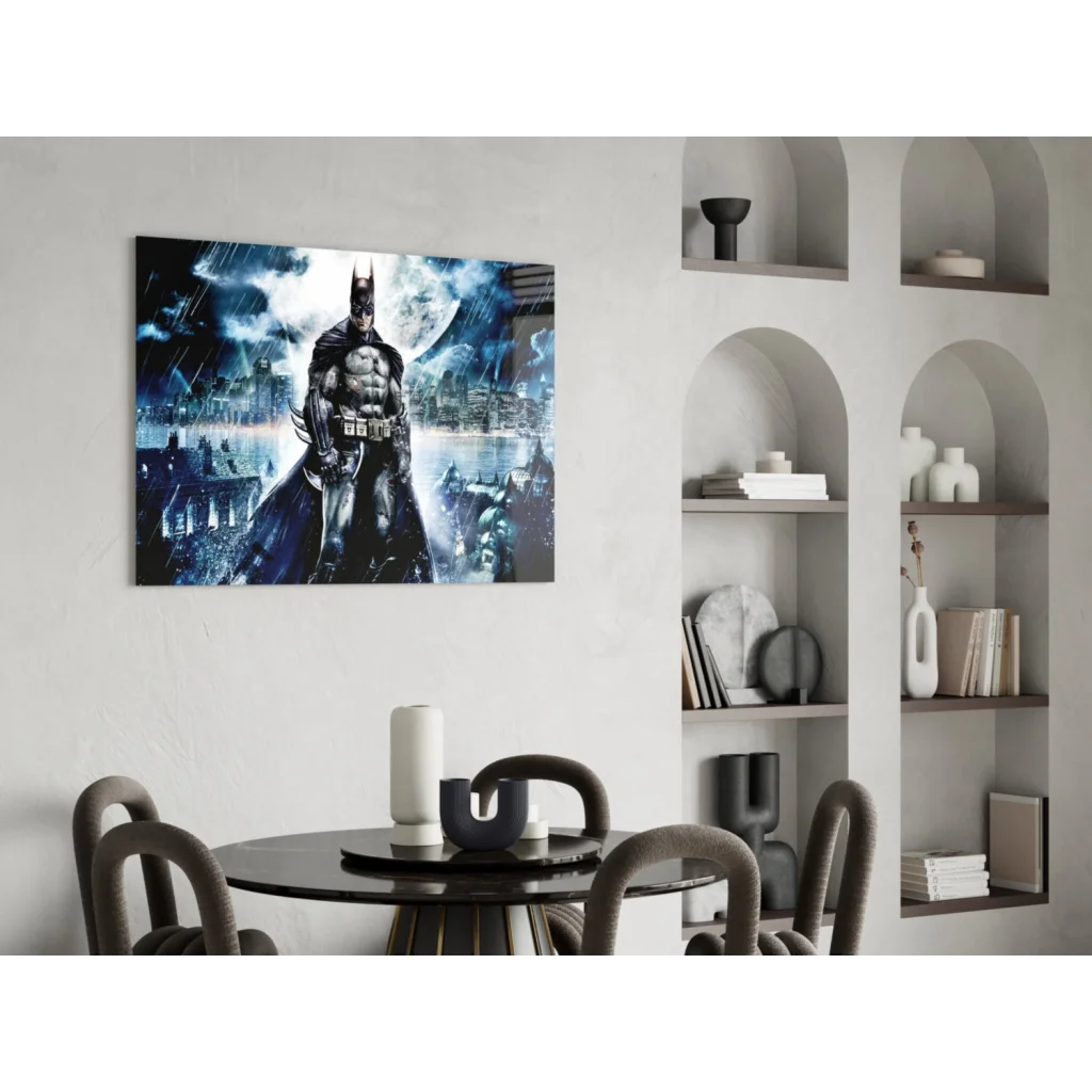 Batman Gotham Storm glass wall art canvas print with dark stormy cityscape