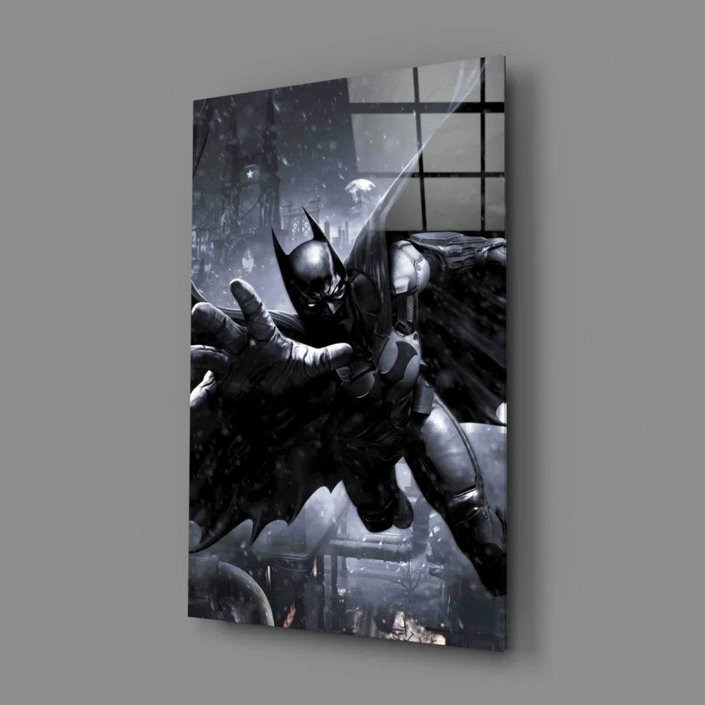 Epic Batman glass wall art with black and gray figure, detailed armor and spread wings