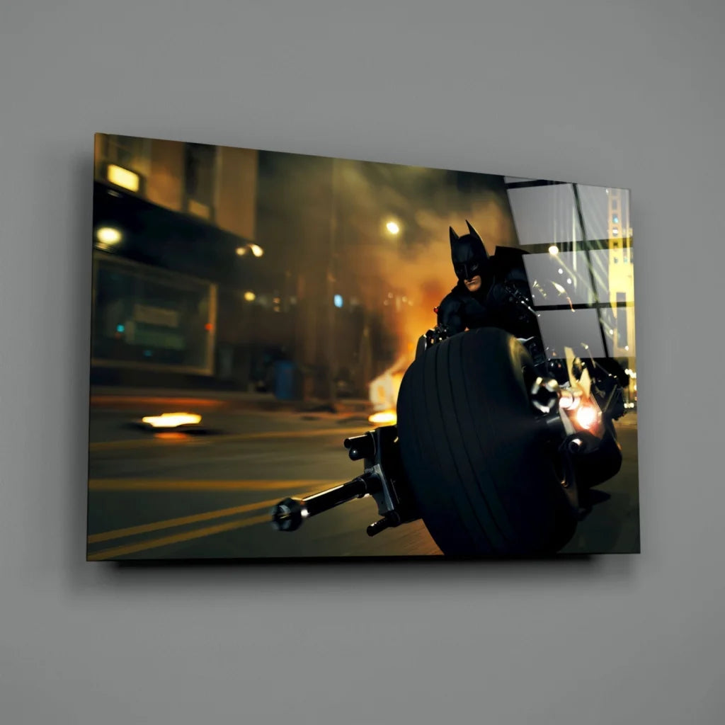 Black Batman on motorcycle in dynamic night glass wall art