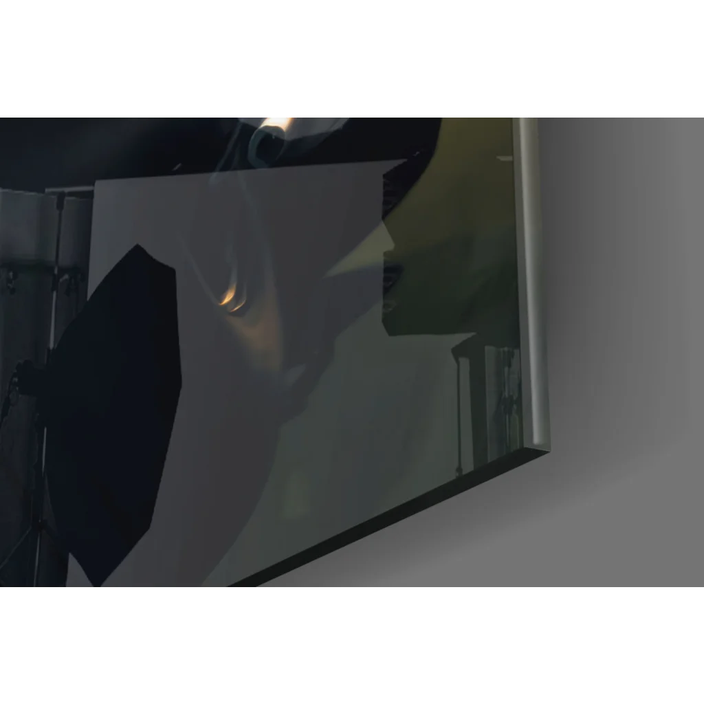 Batman motorcycle glass wall art with sleek mirror frame reflecting lights