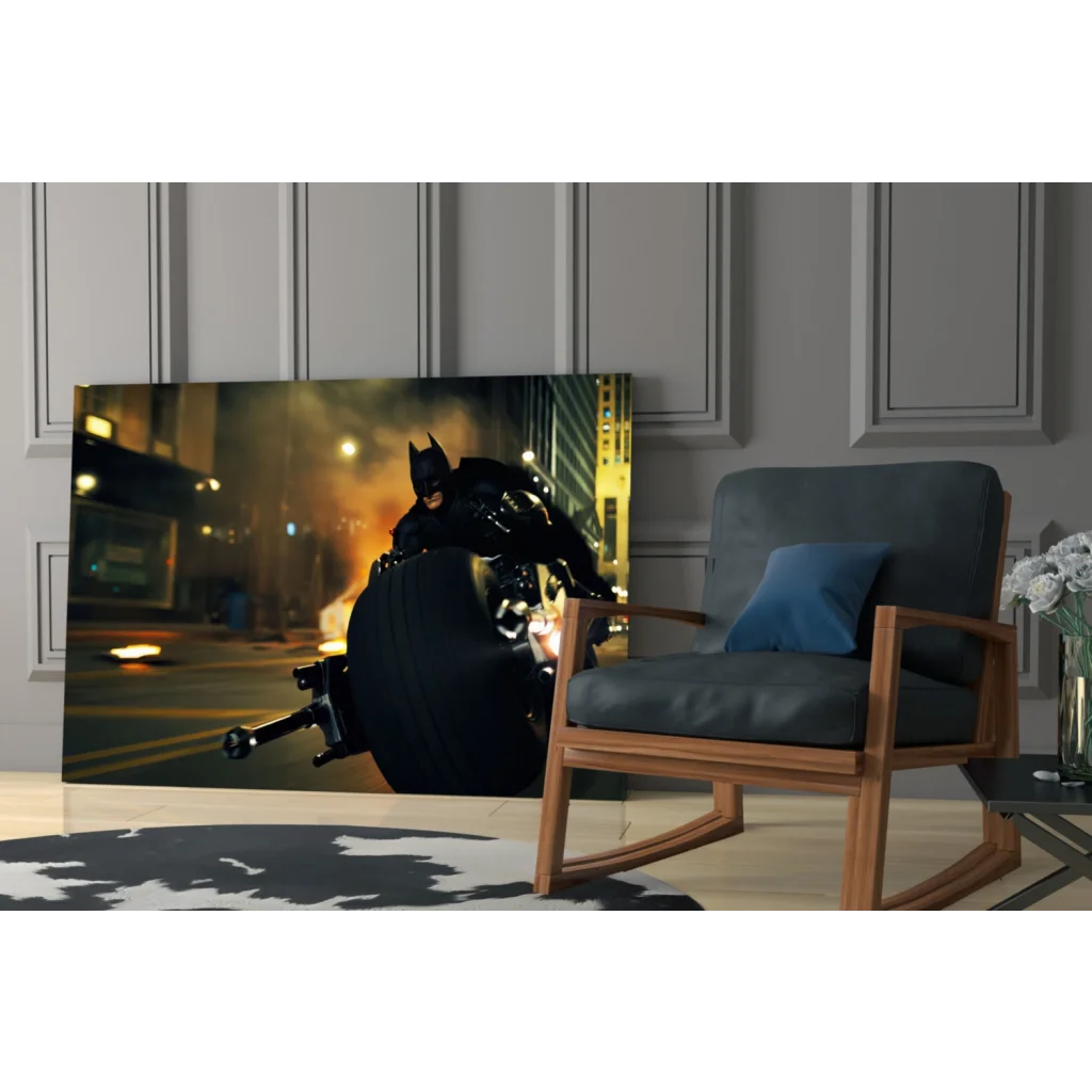 Batman on fiery motorcycle in glass wall art