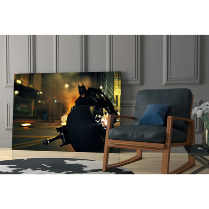 Batman on fiery motorcycle in glass wall art
