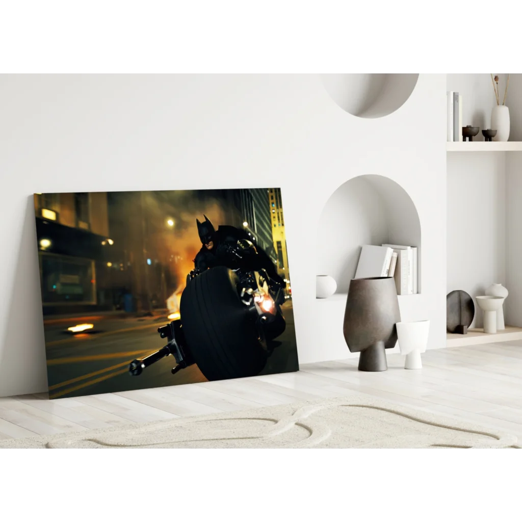 Black Batman on motorcycle in dynamic night action glass wall art