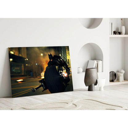 Black Batman on motorcycle in dynamic night action glass wall art