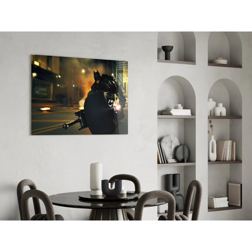 Black Batman action figure on dynamic glass wall art motorcycle night scene