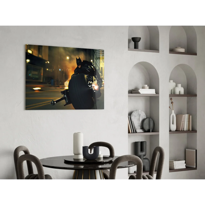 Black Batman action figure on dynamic glass wall art motorcycle night scene