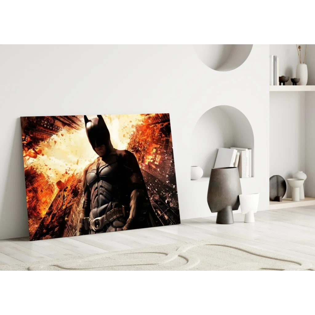 Batman in fiery cityscape glass wall art canvas print