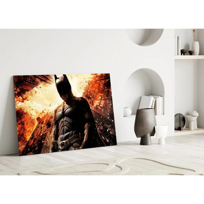 Batman in fiery cityscape glass wall art canvas print