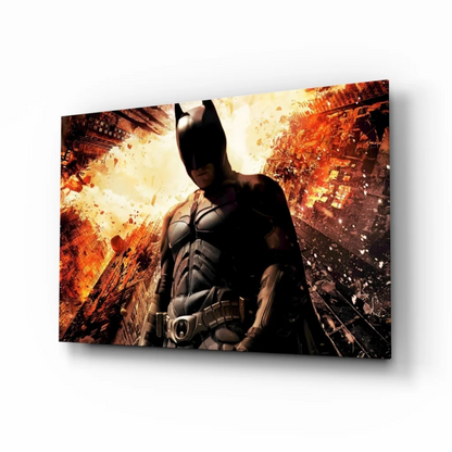 Black Batman figure in fiery cityscape glass wall art