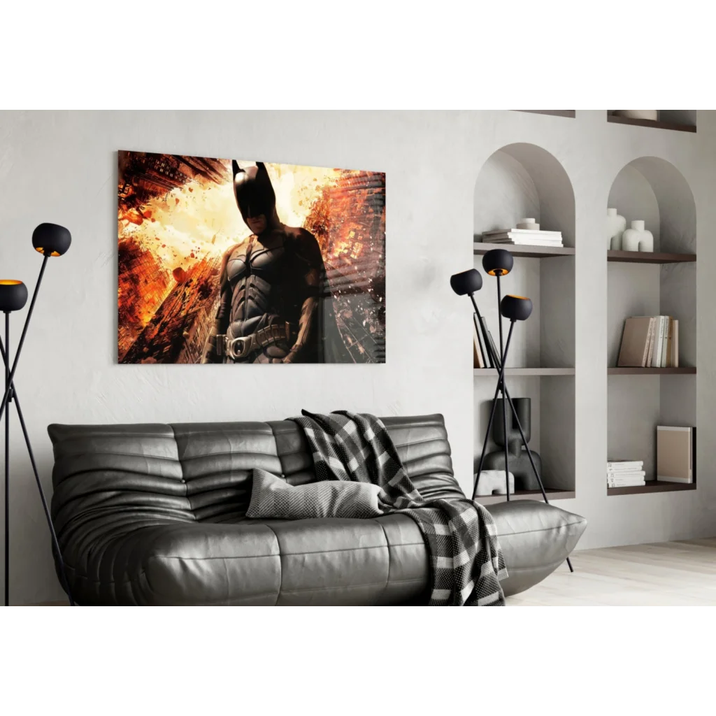 Batman Fiery Cityscape Glass Wall Art Canvas Print